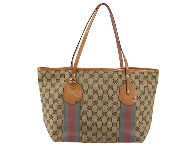 Borsa Tote Gucci GG Canvas Sherry Line Beige Oro 211971 Auth am11431 D'oro - vista 2