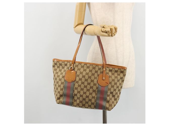 Borsa Tote Gucci GG Canvas Sherry Line Beige Oro 211971 Auth am11431 D'oro - vista 22