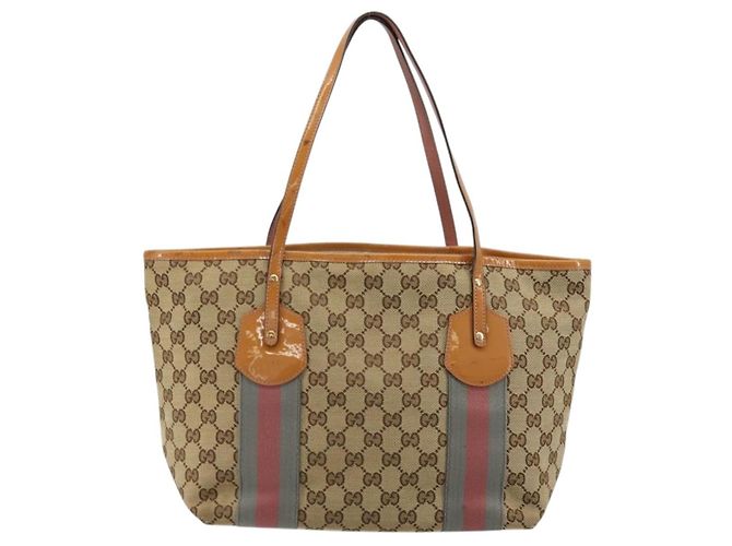 Borsa Tote Gucci GG Canvas Sherry Line Beige Oro 211971 Auth am11431 D'oro - vista 3