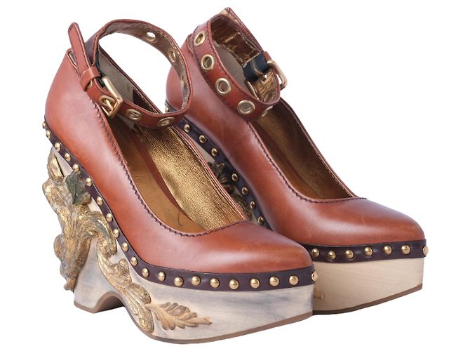 Miu Miu, Cammeo Baroque, zeppa in pelle Marrone - vista 4