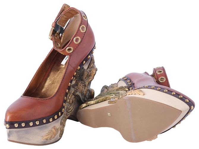 Miu Miu, Cammeo Baroque, zeppa in pelle Marrone - vista 5