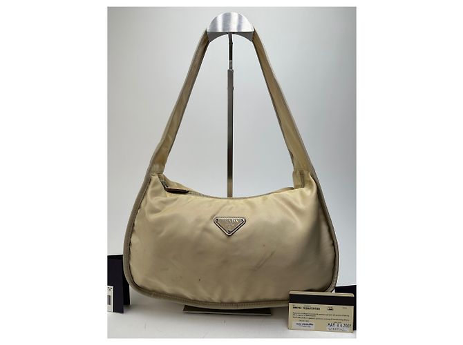 Vintage Prada Schultertasche Tessuto Lino Beige - Ansicht 11