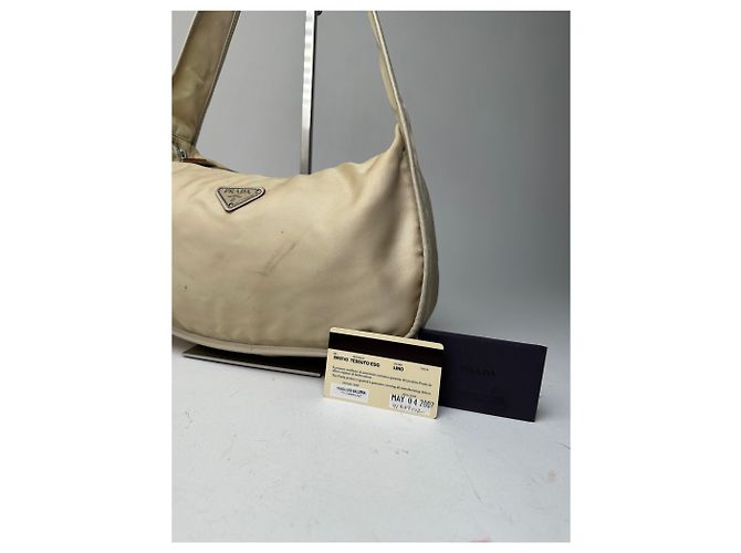 Vintage Prada Schultertasche Tessuto Lino Beige - Ansicht 6
