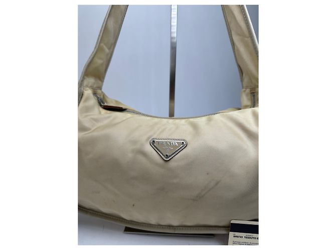 Vintage Prada Schultertasche Tessuto Lino Beige - Ansicht 8