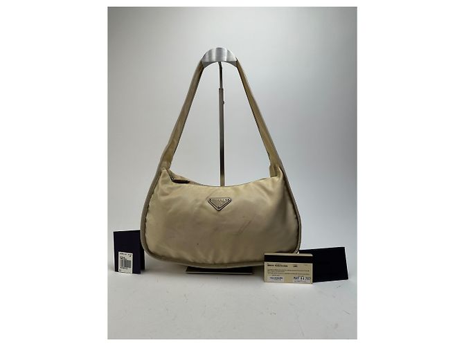 Vintage Prada Schultertasche Tessuto Lino Beige - Ansicht 9