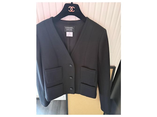 Giacca Chanel Uniform nera in lana e cotone Nero - vista 2