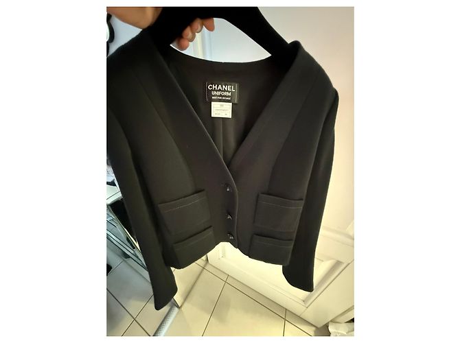 Giacca Chanel Uniform nera in lana e cotone Nero - vista 8
