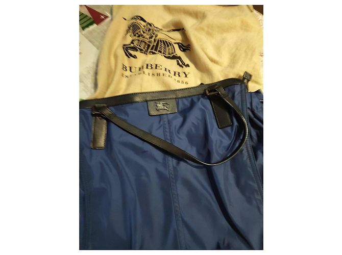 Burberry Borsa Tote in Tela Blu e Pelle Nera Nero - vista 3