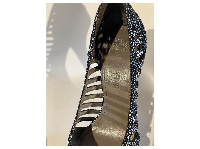 Décolleté Versace Nere con Pois Bianchi e Blu Pelle 37 Nero Bianco - vista 10