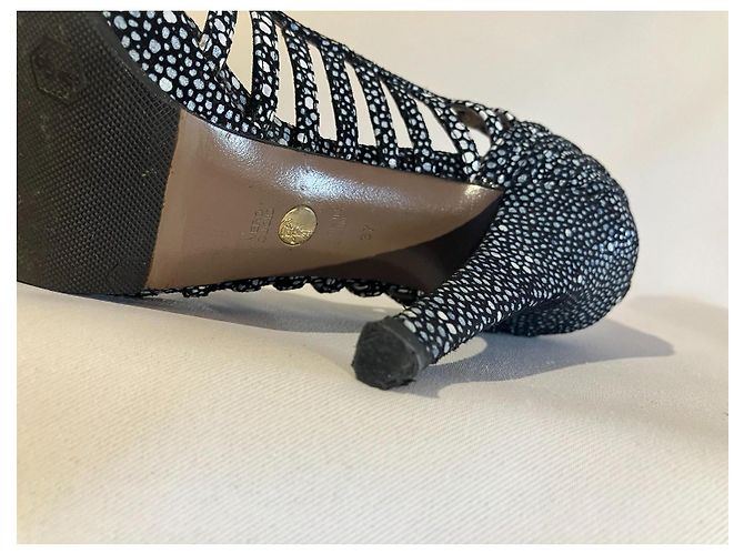 Décolleté Versace Nere con Pois Bianchi e Blu Pelle 37 Nero Bianco - vista 11