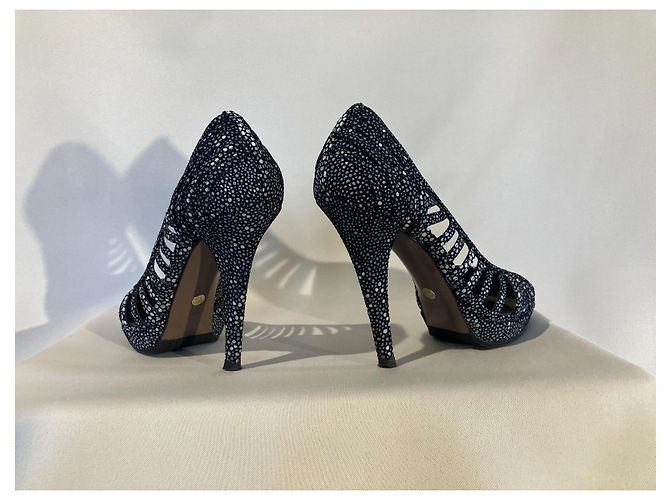 Décolleté Versace Nere con Pois Bianchi e Blu Pelle 37 Nero Bianco - vista 2