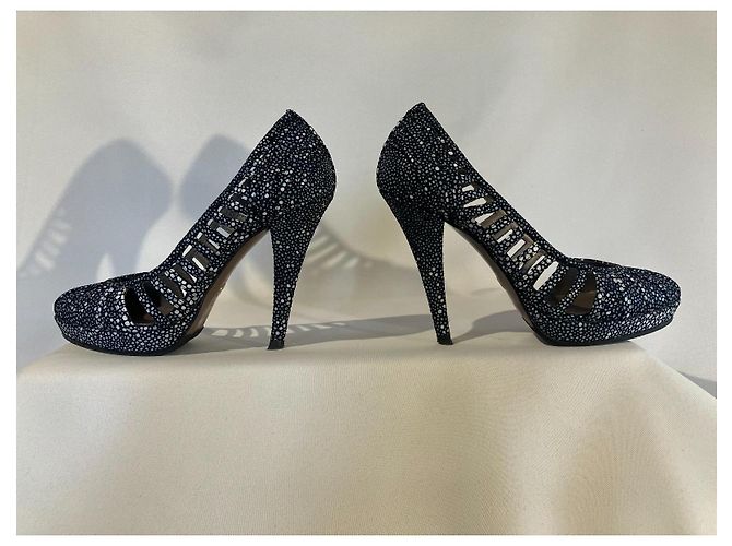 Décolleté Versace Nere con Pois Bianchi e Blu Pelle 37 Nero Bianco - vista 3