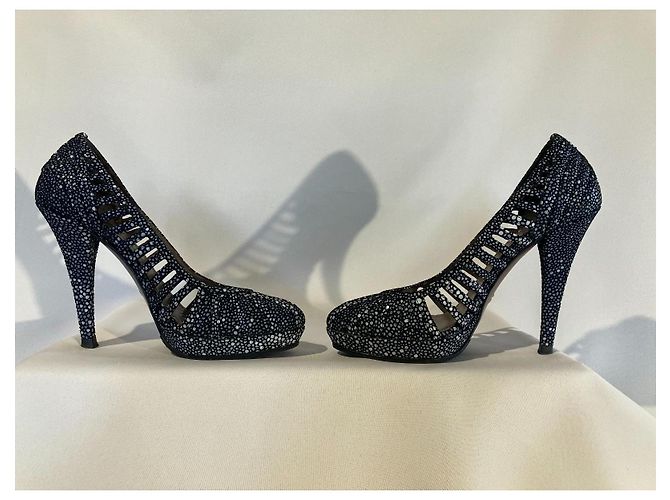 Décolleté Versace Nere con Pois Bianchi e Blu Pelle 37 Nero Bianco - vista 4