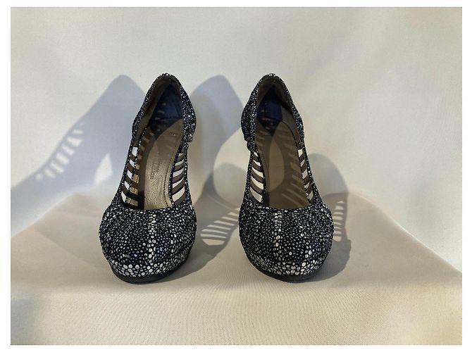 Décolleté Versace Nere con Pois Bianchi e Blu Pelle 37 Nero Bianco - vista 5