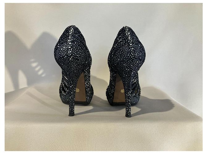 Décolleté Versace Nere con Pois Bianchi e Blu Pelle 37 Nero Bianco - vista 6