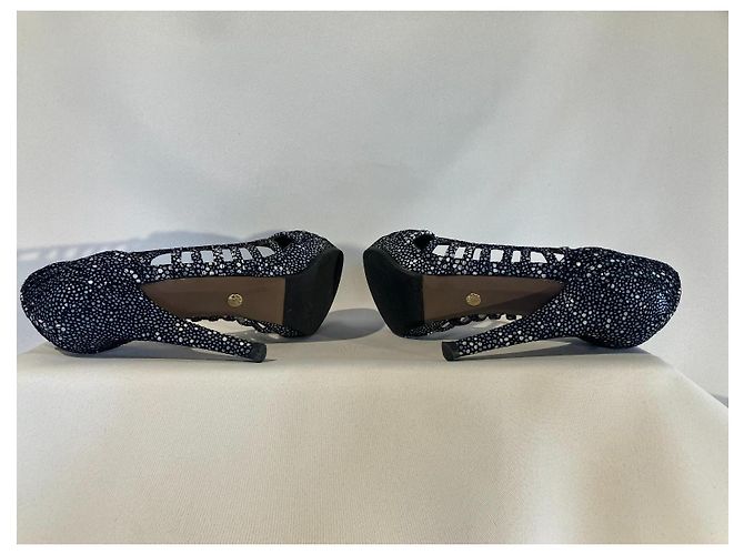 Décolleté Versace Nere con Pois Bianchi e Blu Pelle 37 Nero Bianco - vista 7