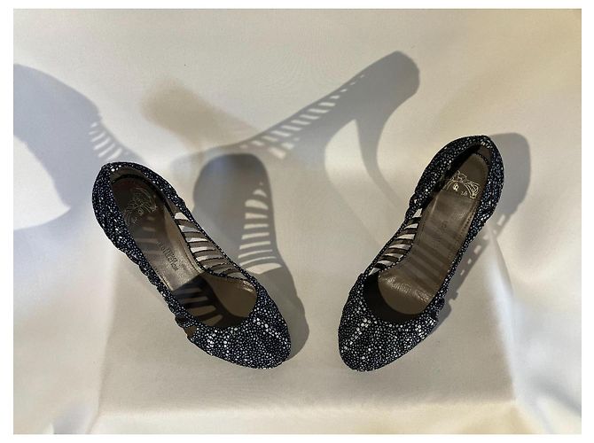 Décolleté Versace Nere con Pois Bianchi e Blu Pelle 37 Nero Bianco - vista 9