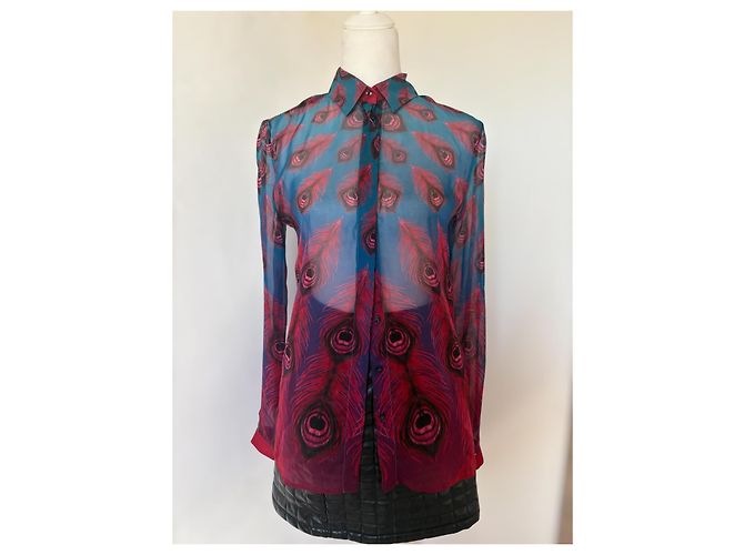 Blusa de seda con estampado de plumas de pavo real Just Cavalli Roja Azul Morado oscuro - vista 2