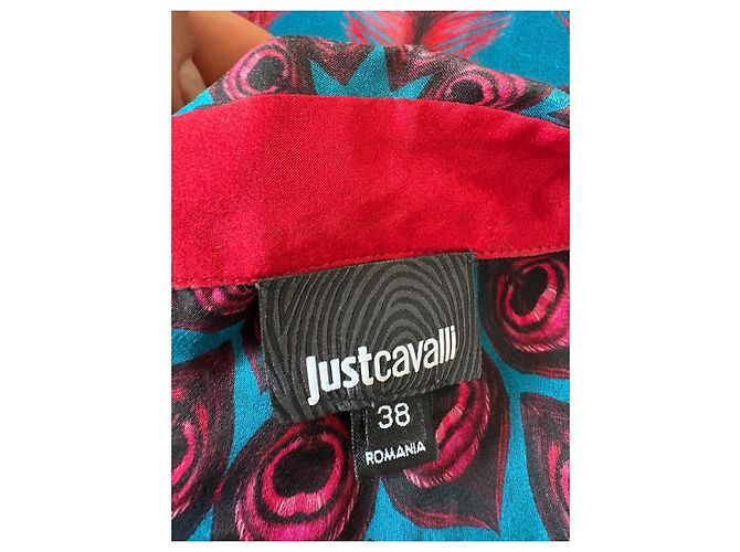 Blusa de seda con estampado de plumas de pavo real Just Cavalli Roja Azul Morado oscuro - vista 6