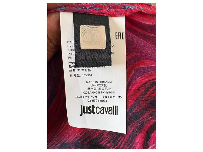 Blusa de seda con estampado de plumas de pavo real Just Cavalli Roja Azul Morado oscuro - vista 7