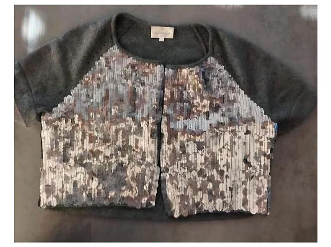 Eric Bompard Grauer Cardigan aus Kaschmir und Seide mit Pailletten - Ansicht 2