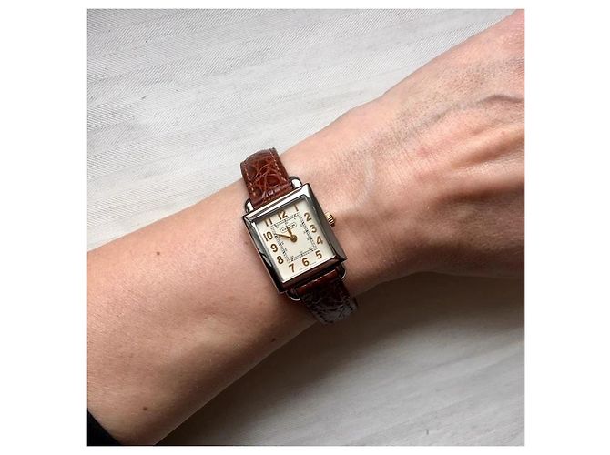 Reloj Coach Esfera Rectangular Beige Números Dorados Correa de Cocodrilo Marrón - vista 2