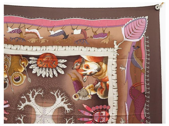 Aline Hermès BUFANDA HERMES LA VIDA DEL GRAN NORTE A. HONORE BUFANDA DE SEDA 90 CM Castaño - vista 3