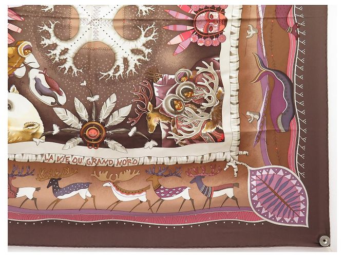 Aline Hermès BUFANDA HERMES LA VIDA DEL GRAN NORTE A. HONORE BUFANDA DE SEDA 90 CM Castaño - vista 4