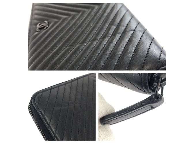 Chanel Chevron V-Stitch schwarzes Lammleder Langbörse - Ansicht 6