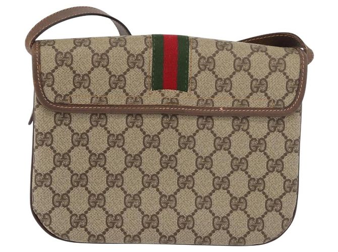 Borsa a Spalla Gucci GG Supreme Web Sherry Line PVC Beige Oro Auth 175366 D'oro - vista 2