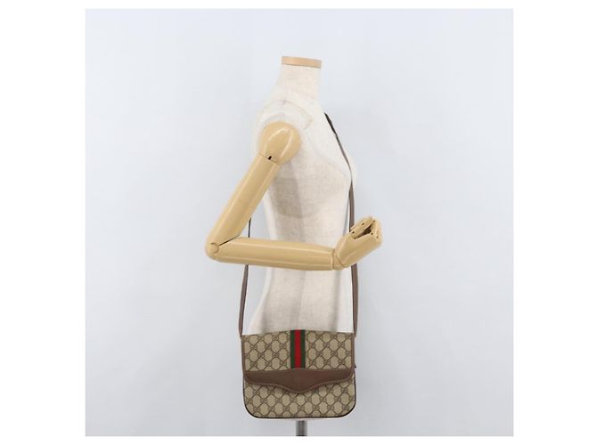 Borsa a Spalla Gucci GG Supreme Web Sherry Line PVC Beige Oro Auth 175366 D'oro - vista 25