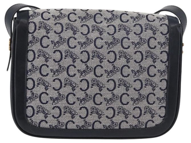 16 Céline Borsa a Spalla Celine C Sulky in Tela Blu Navy e Oro Auth 176184A D'oro - vista 2