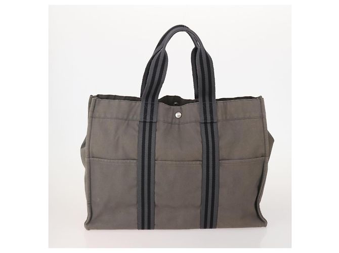 Hermès HERMES Borsa Fourre Tout MM in tela 3 pezzi Grigio Nero Beige Auth 175804 Marrone - vista 2