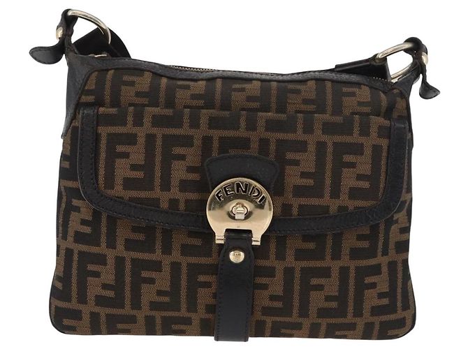 Borsa a Spalla in Tela Zucca FENDI Nera Marrone Auth 177159A Nero - vista 13