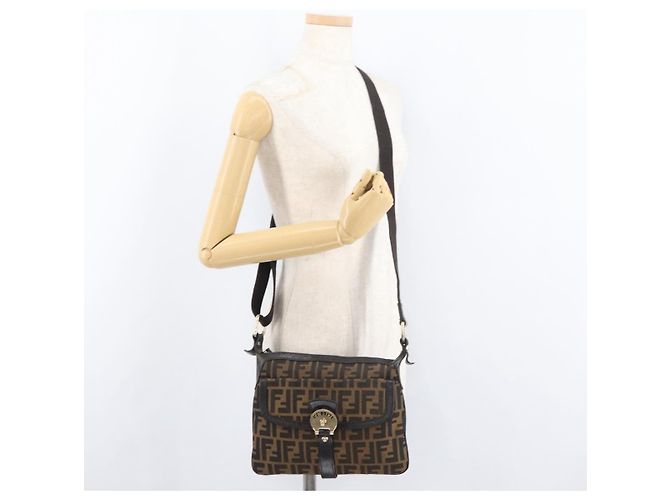 Borsa a Spalla in Tela Zucca FENDI Nera Marrone Auth 177159A Nero - vista 23