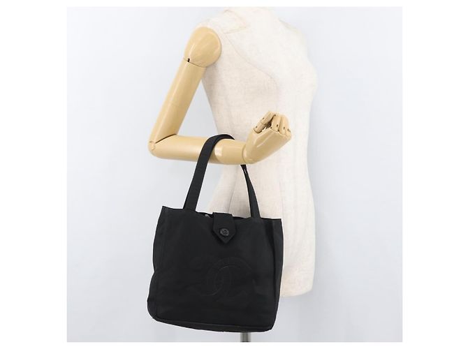 CHANEL Bolsa de Mão Nylon Preto Prata CC Auth 176247 - vista 21