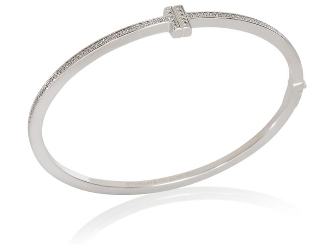 Tiffany & Co Bracciale a cerniera stretto Tiffany T in oro bianco e diamanti Tiffany - vista 2