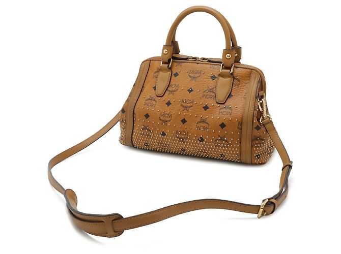 Mini Boston 2WAY in pelle PVC con logo MCM Marrone - vista 2