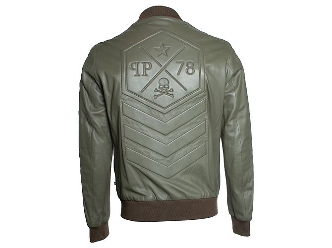 Philipp Plein, jaqueta de couro em caqui Verde - vista 2