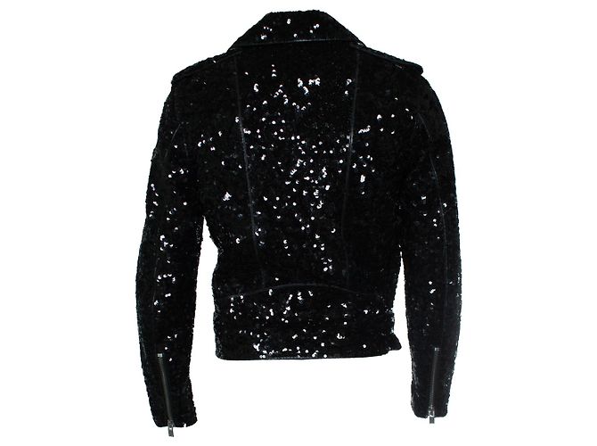 Giacca in pelle di agnello con paillettes nera di Saint Laurent - vista 3