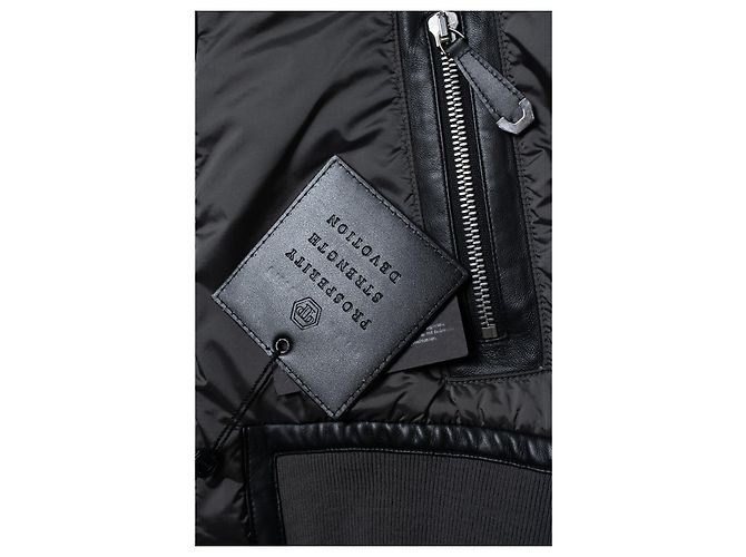 Philipp Plein, Giacca bomber in nylon grigio e pelle - vista 7