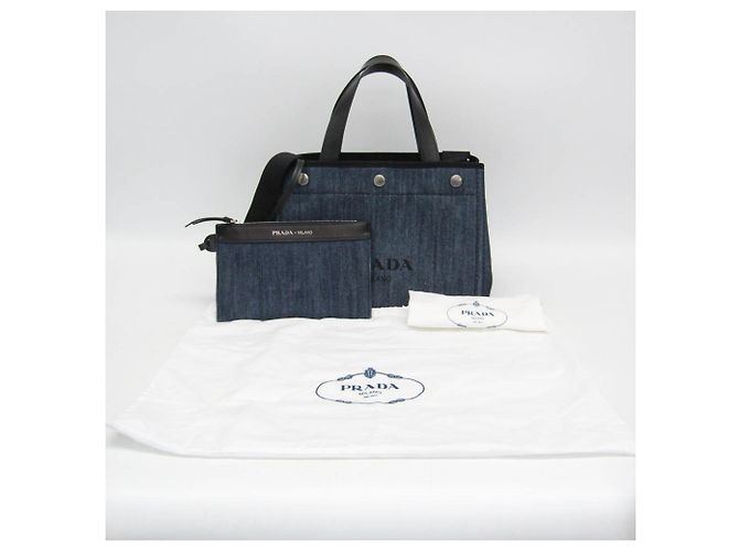 Borsa tote in pelle di vitello denim Prada Nero Blu - vista 2