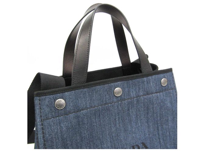 Borsa tote in pelle di vitello denim Prada Nero Blu - vista 8