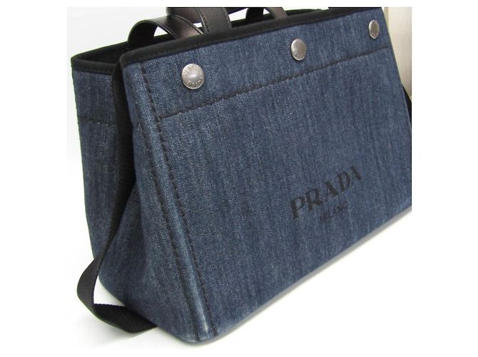 Borsa tote in pelle di vitello denim Prada Nero Blu - vista 9