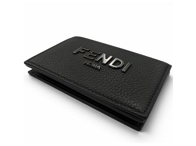 Fendi Leder Logo Hardware Bi-Fold Visitenkartenhalter Schwarz Metallisch - Ansicht 3