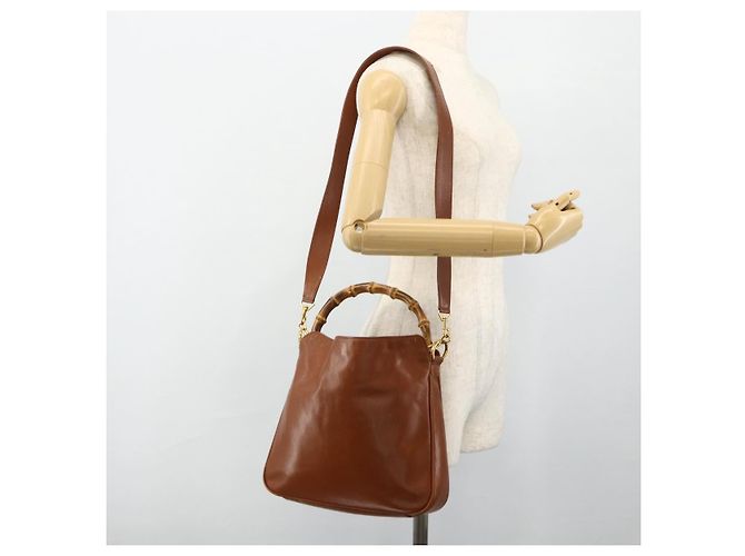 Borsa a mano in pelle Gucci Bamboo 2way marrone oro 001 2113 1638 Auth bs34730 D'oro - vista 23