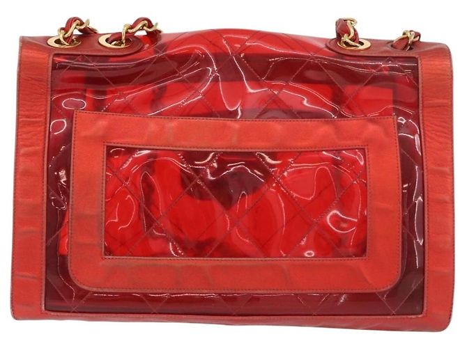CHANEL Borsa a Spalla Matelassé Catena Vinile Rosso Oro CC Auth 177136A D'oro - vista 2