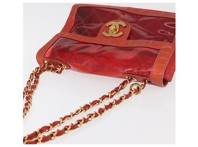 CHANEL Borsa a Spalla Matelassé Catena Vinile Rosso Oro CC Auth 177136A D'oro - vista 6