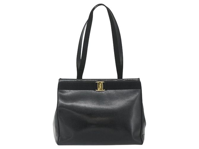 Bolsa Tote Vala em couro preto e dourado Salvatore Ferragamo Auth ka4098 - vista 13