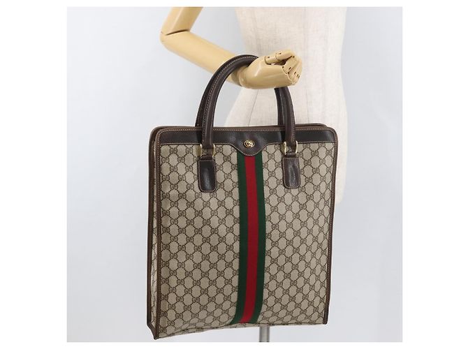 Borsa tote Gucci GG Supreme Web Sherry Line in PVC beige e oro 010 378 Auth ep14443 D'oro - vista 23
